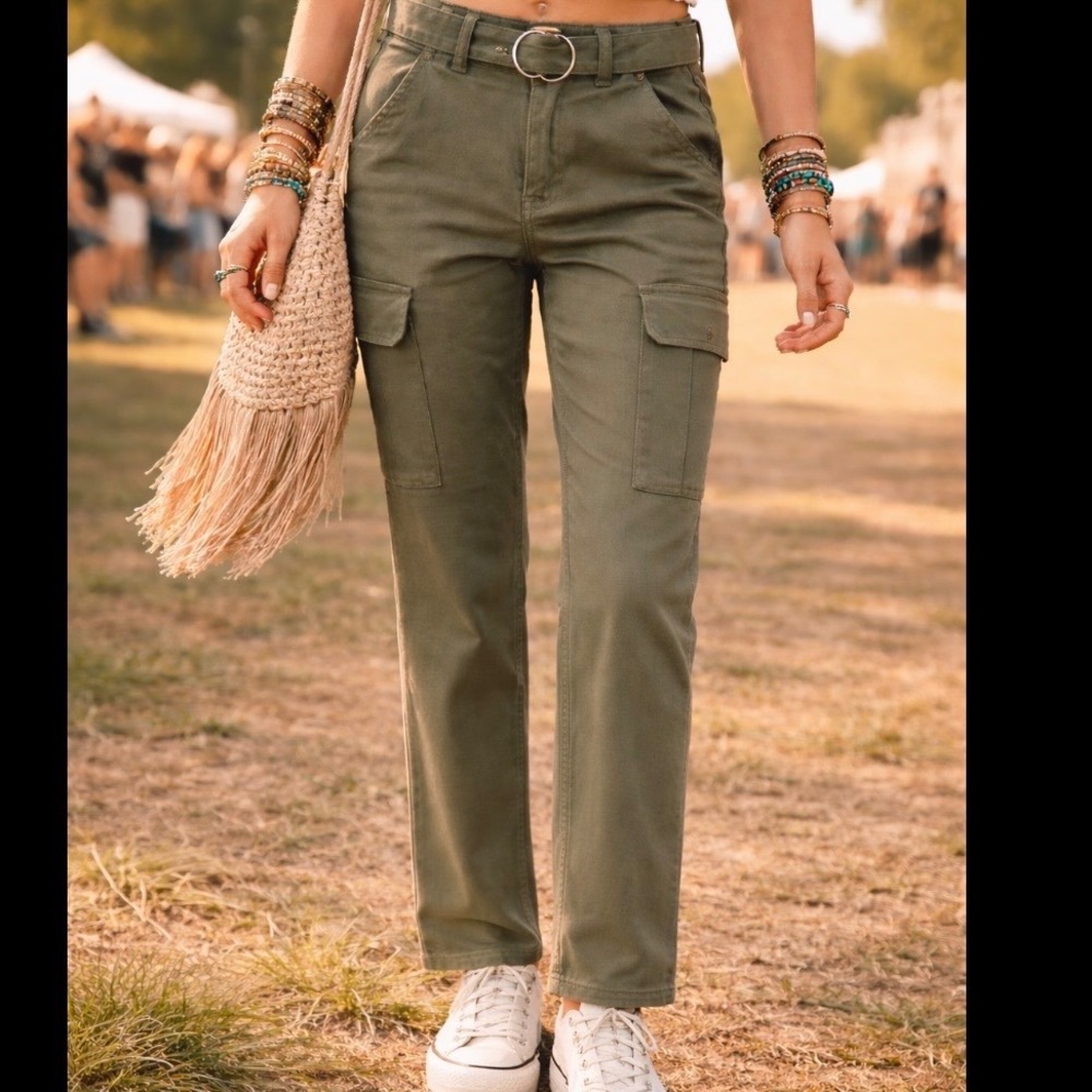 PacSun Womens Olive Green High Waisted Belted Cargo Straight Leg Pants Size 25